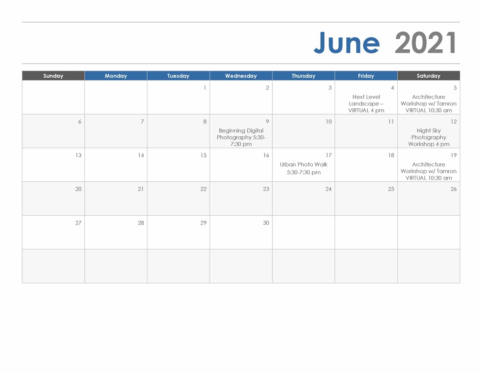 Calendar for Reno Store Action Camera